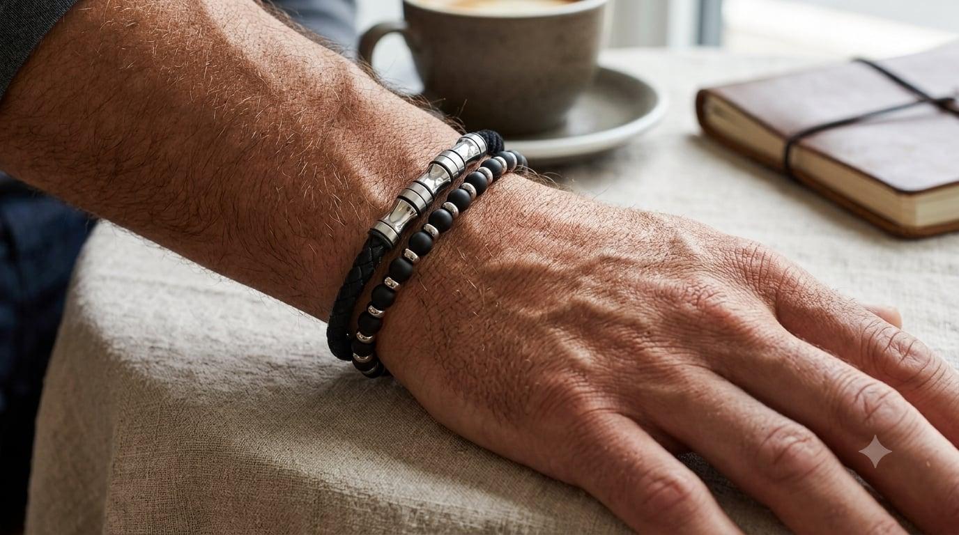 Bracelet Homme Perles et Cuir Tressé vue 2